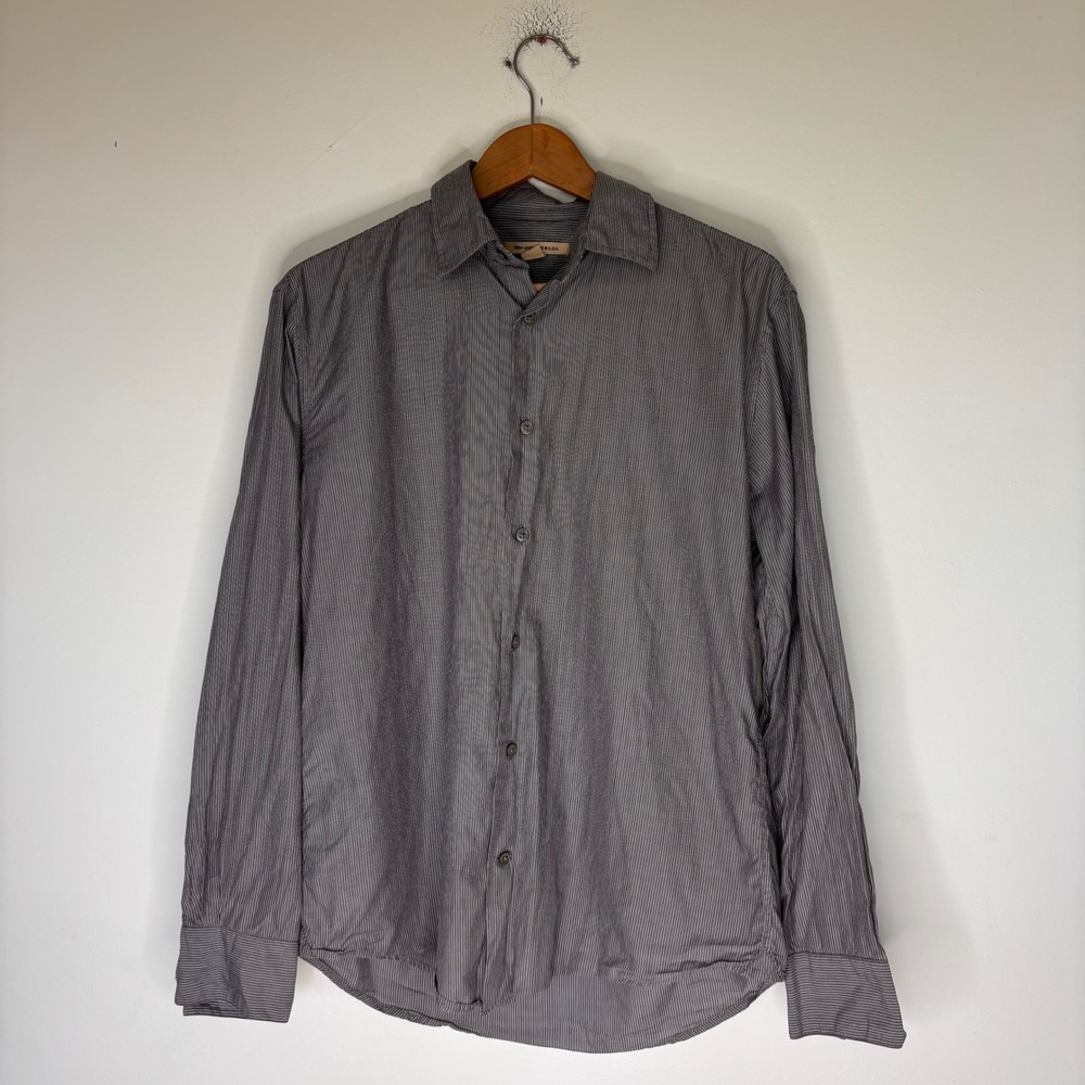John Varvatos 100% Cotton Gray Stripe Button Down Work Business Shirt Small